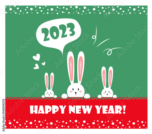 Christmas and New Year background. Xmas pine fir lush tree. Rabbit,   gifts box. Bright Winter holiday composition. Greeting card, banner, poster. Vector illustration.
