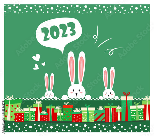 Christmas and New Year background. Xmas pine fir lush tree. Rabbit,   gifts box. Bright Winter holiday composition. Greeting card, banner, poster. Vector illustration.