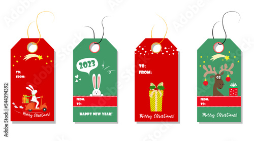 Christmas tags cute collection. Labels with christmas tree, bear, rabbit and snowman. Vector illustration