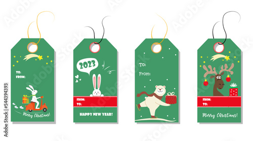Christmas tags cute collection. Labels with christmas tree, bear, rabbit and snowman. Vector illustration