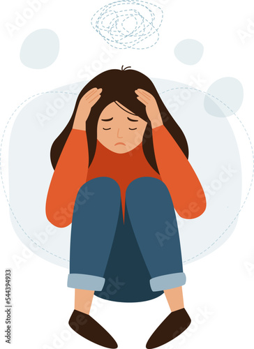 Female character panic attack. Depression. Girl afraid. Woman holding her head with her hands. 
