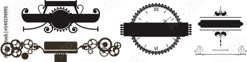 	
Colorful golden steampunk background and screen. Frame and vintage clock, flakon, bulb, cogs and gears. Vintage set