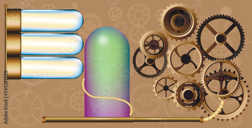 Colorful golden steampunk background and screen. Frame and vintage clock, flakon, bulb, cogs and gears. Vintage set