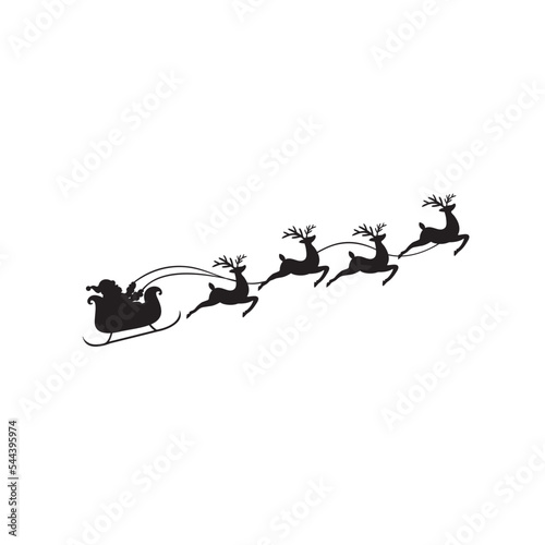 Silhouette of Santa Claus riding in a sleigh with reindeer 

