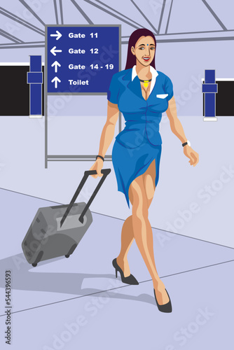 Beautiful air hostess is going to attend duty at airport with trolley bag hand drawn vector art
