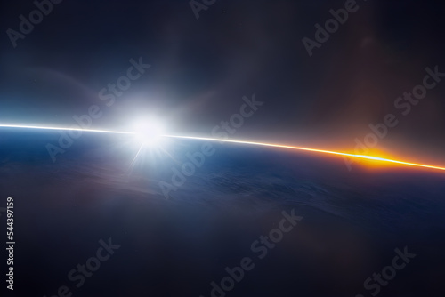 Sunrise over a blue planet, seen from space. 