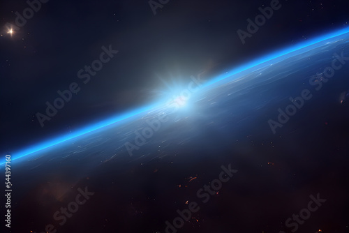 The sun rises over a blue planet, as seen from space. 