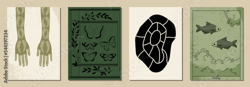 Set of vertical abstract posters in retro asian style for your poster, flyer or banner