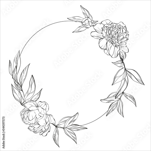 Black and white wreath frame with peonies and leaves in realistic graphics. Vintage floral illustration for any design. Wedding card in boho style.