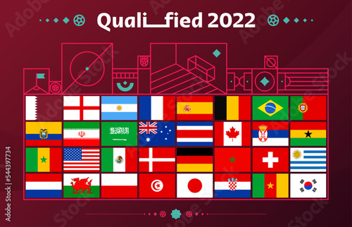 2022 Qatar world football cup national flag set on tournament background. Flags of all countries participating in the final part of soccer 2022 competition in 8 groups. Vector illustration