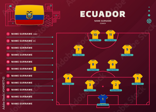 ecuador line-up world Football 2022 qatar, cup tournament final stage vector illustration. Country team lineup table and Team Formation on Football Field. soccer tournament Vector country flags