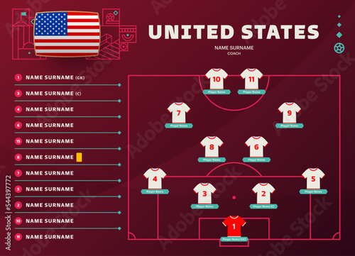 usa line-up world Football 2022 qatar, cup tournament final stage vector illustration. Country team lineup table and Team Formation on Football Field. soccer tournament Vector country flags