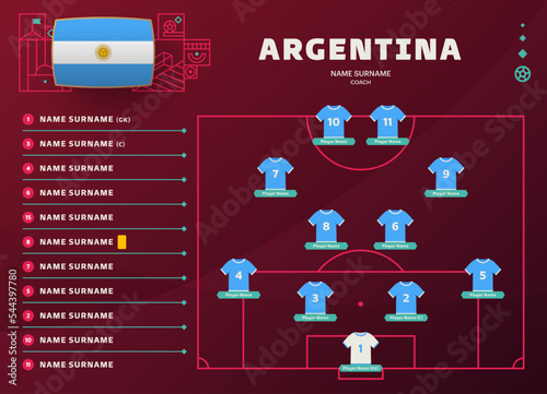 argentina line-up world Football 2022 qatar, cup tournament final stage vector illustration. Country team lineup table and Team Formation on Football Field. soccer tournament Vector country flags