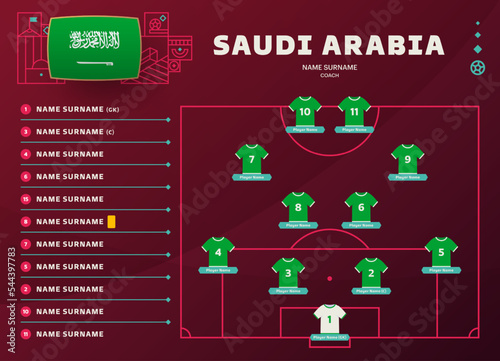 saudi arabia line-up world Football 2022 qatar, cup tournament final stage vector illustration. Country team lineup table and Team Formation on Football Field. soccer tournament Vector country flags