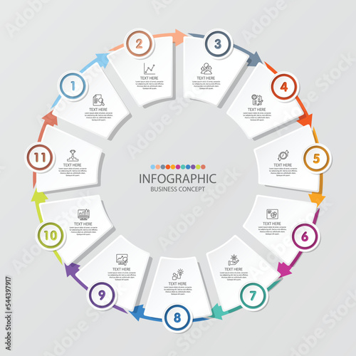 Basic circle infographic with 11 steps, process or options.