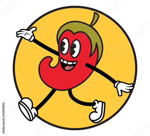 Vintage cartoon flat character of a red pepper mascot, vector illustration, logo, sticker design concept