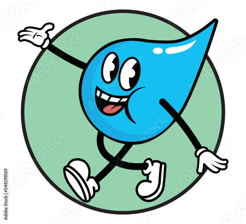 Vintage cartoon flat character of a walking water droplet mascot, vector illustration, logo, sticker design concept