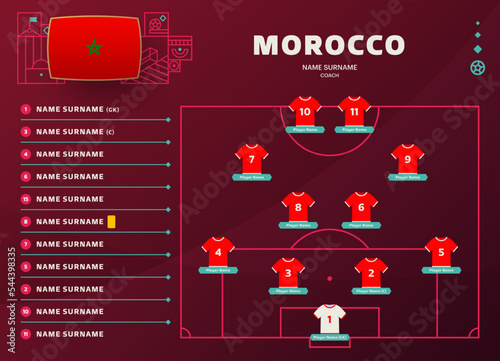 morocco line-up world Football 2022 qatar, cup tournament final stage vector illustration. Country team lineup table and Team Formation on Football Field. soccer tournament Vector country flags