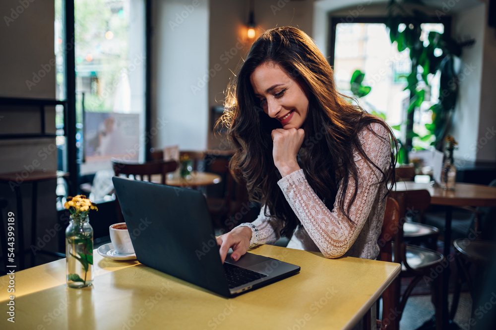 Portrait of beautiful young woman using laptop in a cafe