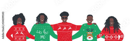Ugly Christmas Sweater Party. Happy young black people in red and green Christmas sweaters. Best friends are stand together and hug. Vector holiday illustration.