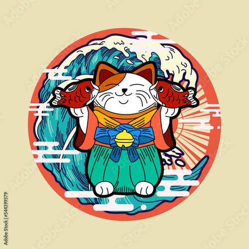 cat illustration with japanese style for kaijune event, notebook, logo

