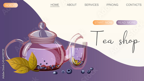 Glass teapot,cup of blueberry tea,berries and leaves. Tea shop, Tea, Tea house, drink, beverages concept. Vector illustration for poster, banner, website, advertising.