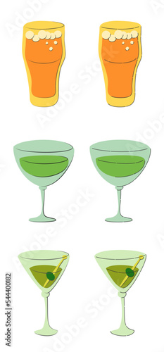 Beer vermouth martini glass on white background. Cartoon sketch graphic design. Flat style. Colored hand drawn image. Party drink concept for restaurant, cafe, party. Freehand drawing style