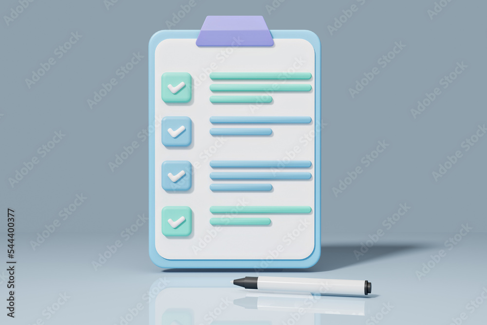 Clipboard with checklist and checked ticks on blue background - 3d rendering
