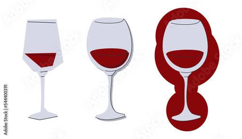 Red wine glass on white background. Cartoon sketch graphic design. Doodle style. Colored hand drawn image. Party drink concept for restaurant, cafe, party. Freehand drawing style. Different views