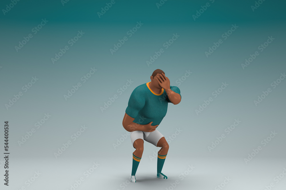 An athlete wearing a green shirt and white pants. He is sad or in pain. 3d rendering of cartoon character in acting.