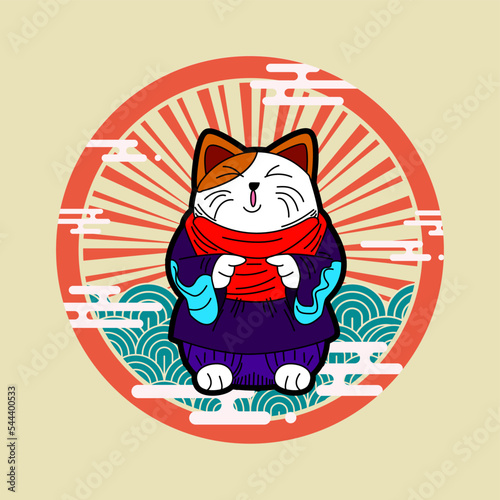 cat illustration with japanese style for kaijune event, notebook, logo
