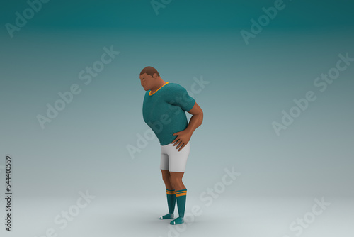 An athlete wearing a green shirt and white pants. He is sad or in pain. 3d rendering of cartoon character in acting. © Ake