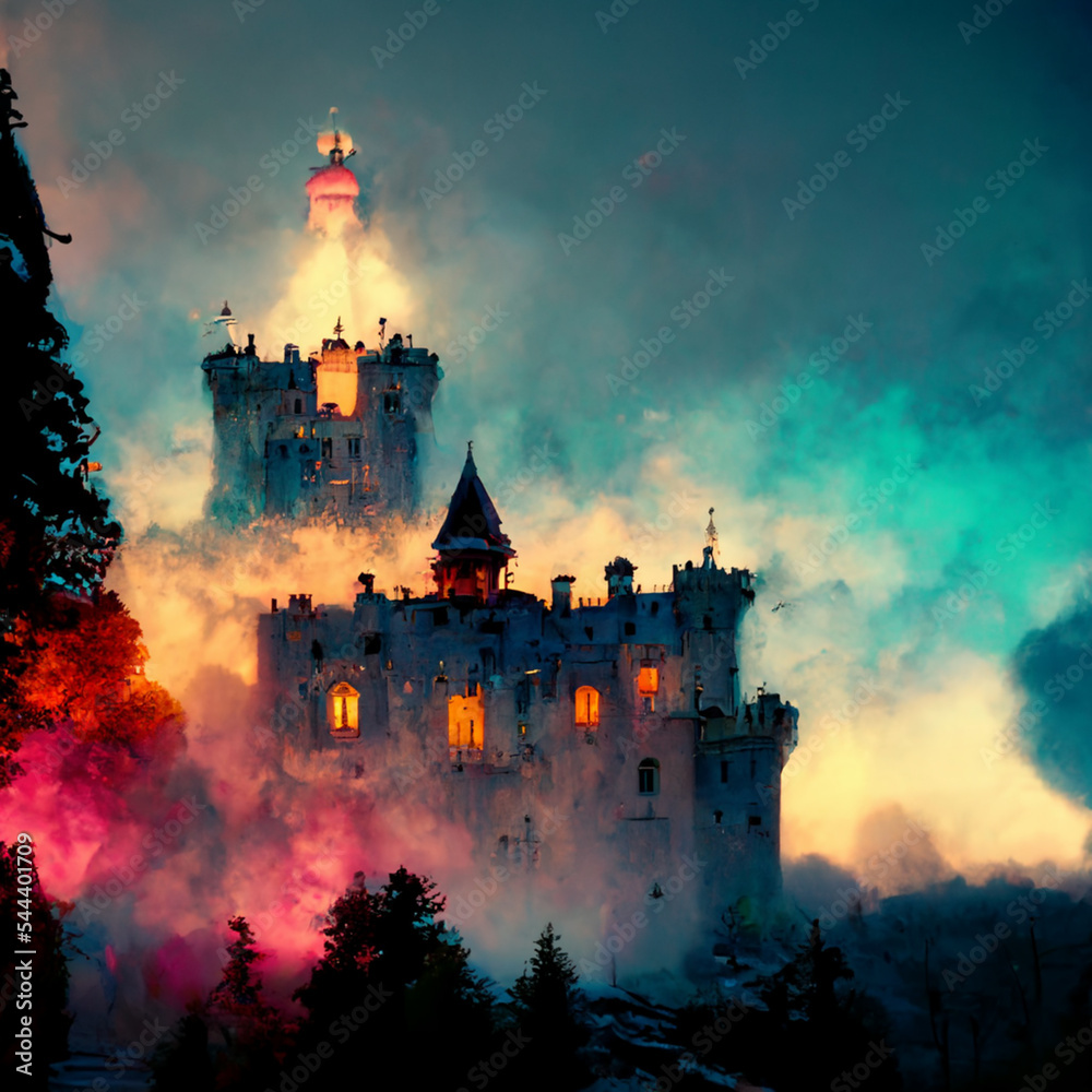 A fantasy fairytale castle aquarelle colors cinematic view. A fairy-tale castle on the hill. Colorful fantasy castle. Brick old samek. 3D rendering