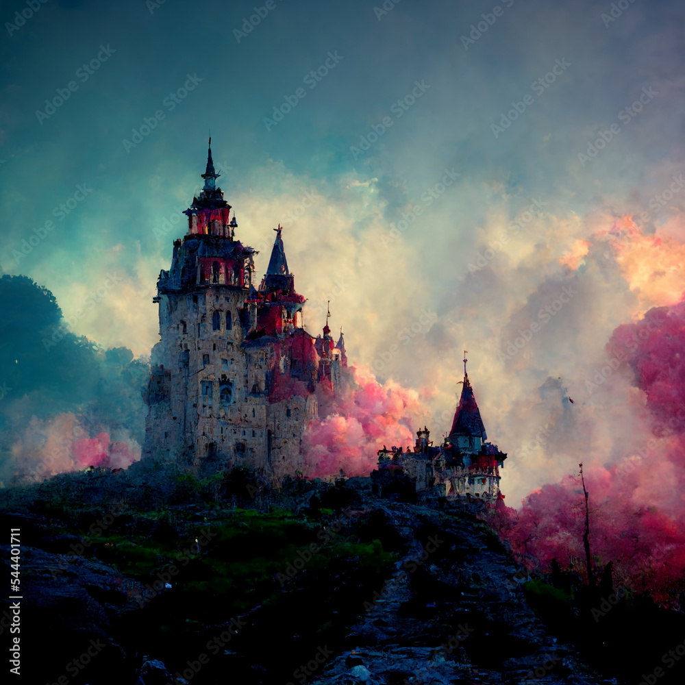 A fantasy fairytale castle aquarelle colors cinematic view. A fairy-tale castle on the hill. Colorful fantasy castle. Brick old samek. 3D rendering