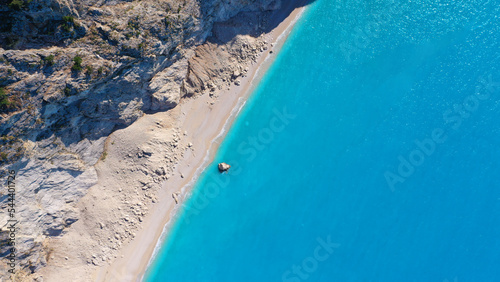 Aerial drone photo of beratiful secluded beaches near fishing village of Assos accessible only by boat  Kefalonia island  Ionian  Greece