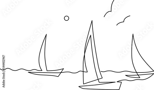 Yachts on sea waves. Seagull in the sky. Draw one continuous line. Vector illustration. Isolated on white background