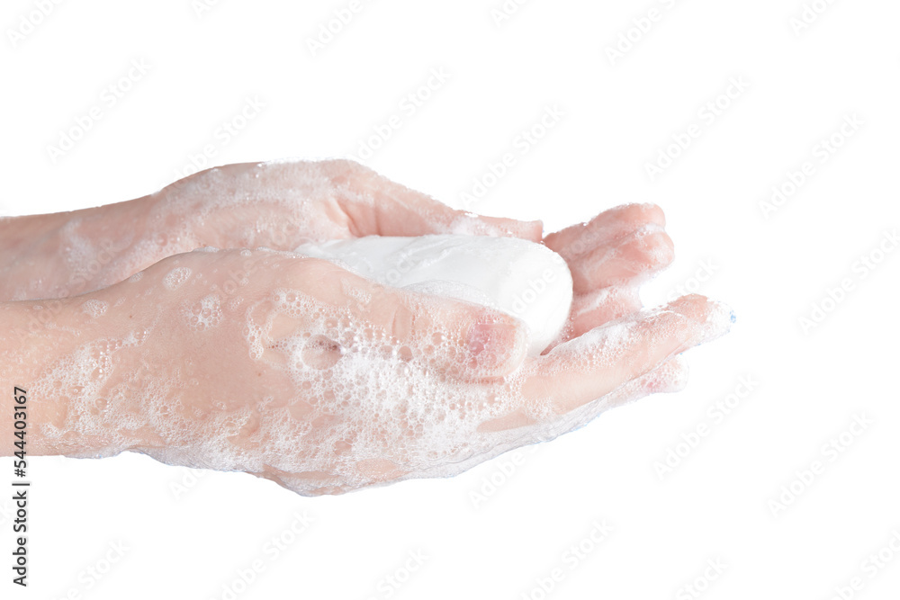 White soap in women's soapy hands on a transparent background. Photo with copy space. - obrazy, fototapety, plakaty 