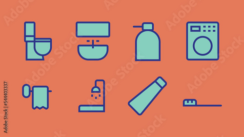 Modern sanitary ware icons set, shower stand, toilet paper icon, shower tray, wash basin, toothpaste, toothbrush, soap icons.