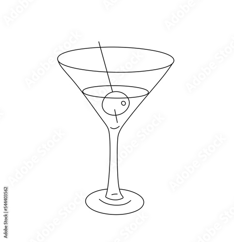 Vector isolated one glass of martini with olive and toothpick  colorless black and white contour line easy drawing