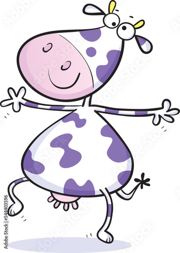 Cartoon of a fun jumping cute cow character with arms out isolated on white