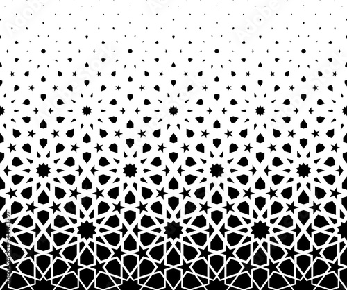 Geometric pattern of black figures on a white background. Seamless in one direction.SCALE method