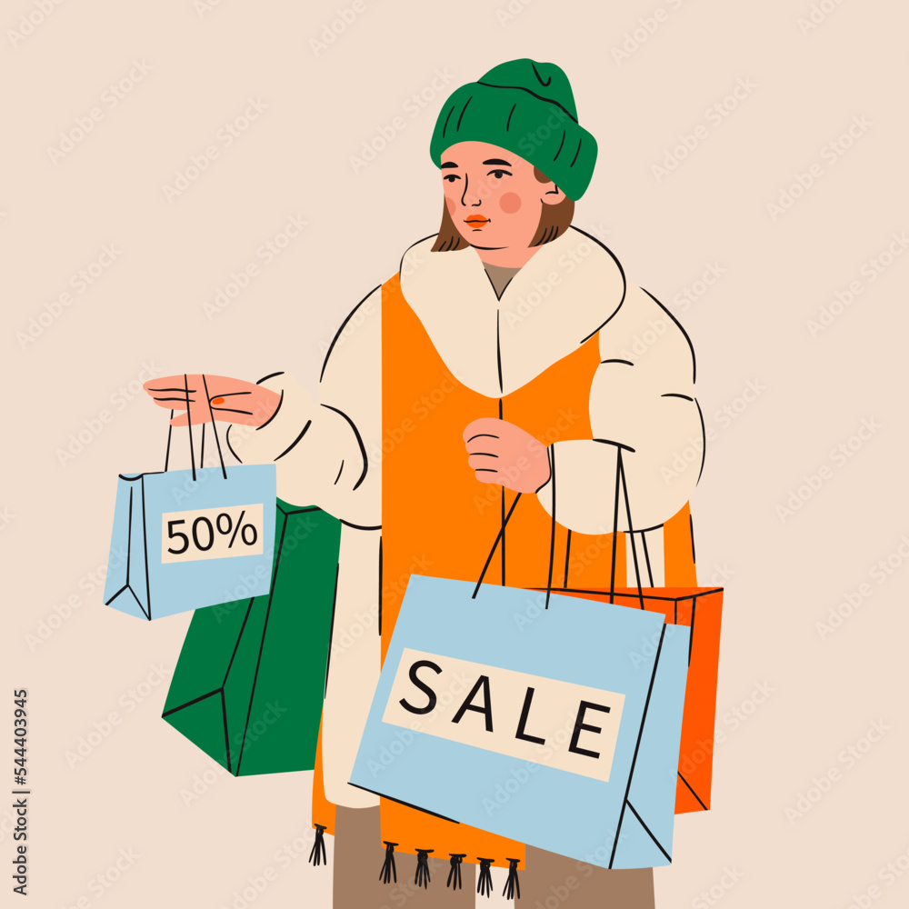 Young pretty woman is carrying Shopping bags. Fashion beautiful Lady enjoying shopping. Discount, Sale, black friday, marketing, purchasing, mall concept. Hand drawn colorful Vector illustration