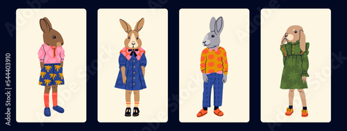 Various anthropomorphic Rabbits. Hand drawn Vector illustration. Cute cartoon creatures standing. Fashion animal characters. Different stylish clothes. Every bunny is isolated. New year symbol