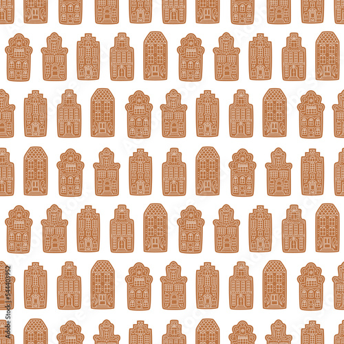 Seamless pattern with Christmas gingerbread houses. Vector illustration for scrapbooking, wrapping paper, fabric, textile.