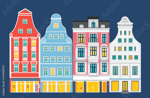 An evening street block with (mostly) historic gabled houses along the Kroepeliner Strasse in Rostock. 