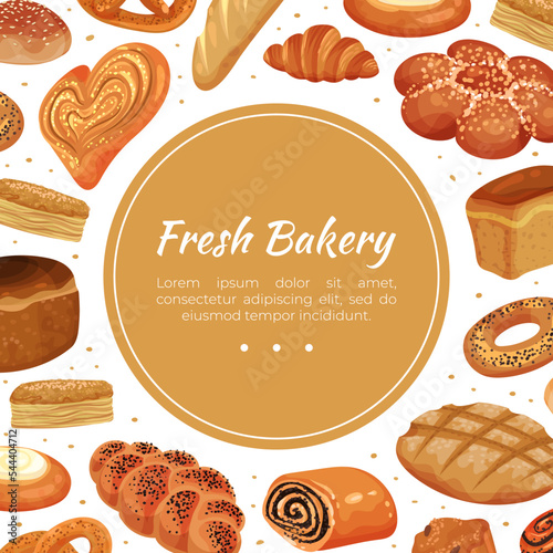 Baked Food Banner Design with Bread Loaf and Sweet Pastry for Bakeshop Vector Template