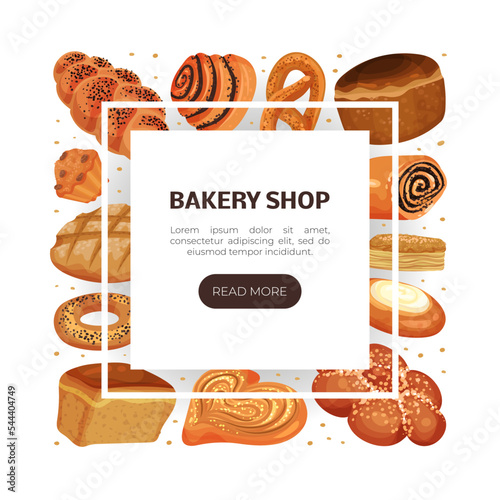 Baked Food Banner Design with Bread Loaf and Sweet Pastry for Bakeshop Vector Template