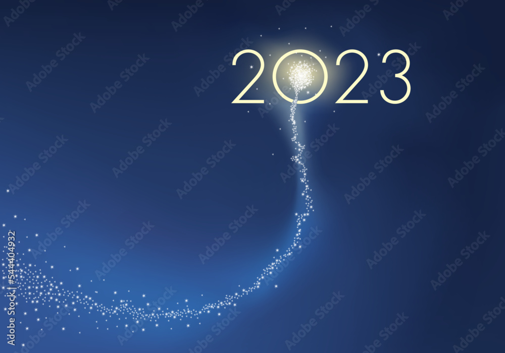 Fototapeta premium Carte de vœux 2023 exprimant la réussite et la joie de vivre, avec un feu d’artifice symbolisant la dynamique d’une entreprise pour la nouvelle année.