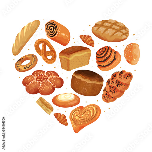 Baked Food Heart Composition with Bread Loaf and Sweet Pastry as Bakery Product Vector Template