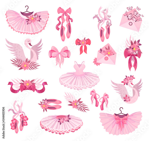 Pink Ballet Accessories with Tutu Skirt and Pointe Shoes Big Vector Set